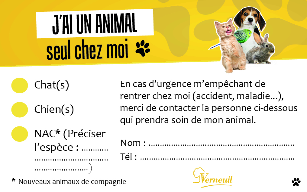 Photographie de la carte 'J'ai un animal seul chez moi'. La carte présente deux sections, la première à gauche comporte des cases à cocher qui précisent le type d'animal (Chat(s), Chien(s), NAC (Nouveaux animaux de compagnie), et la seconde, à droite, permet de remplir un nom et un numéro de téléphone à contacter si une urgence (accident, maladie...) se produit afin que la personne indiquée prenne soin de l'animal.